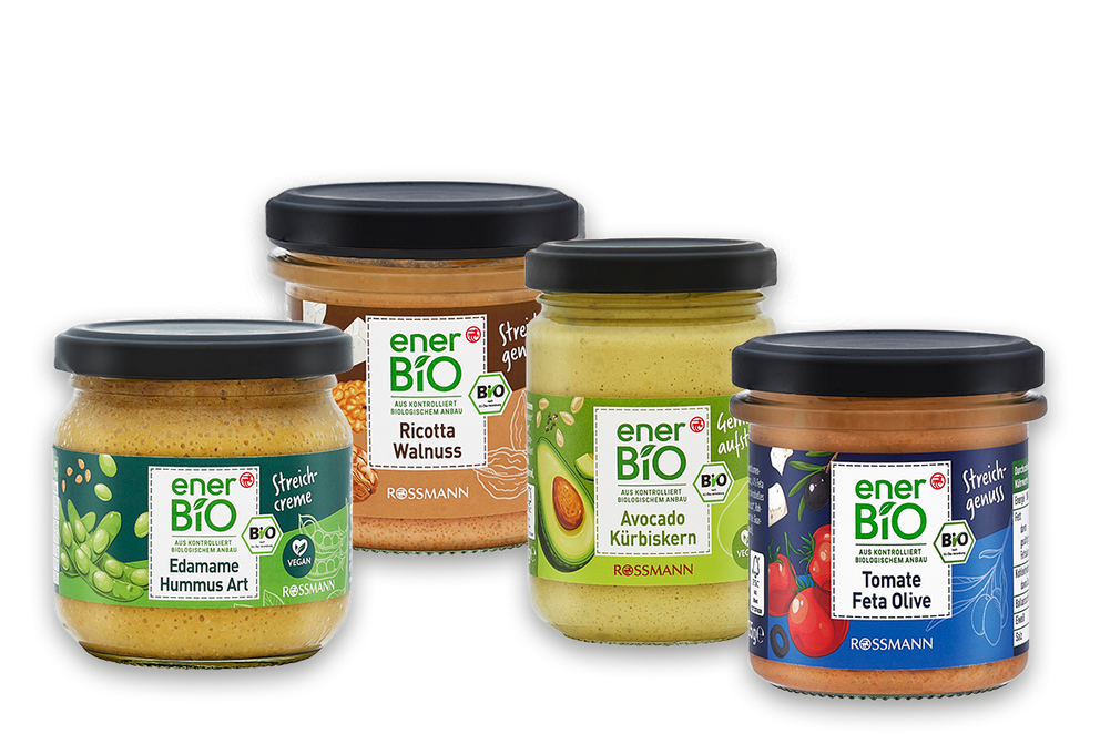 enerBiO Bio-Streichcremes im Glas in den Sorten Edamame Hummus Art, Ricotta Walnuss, Avocado Kürbiskern und Tomate Feta Olive als herzhafte Brotaufstriche