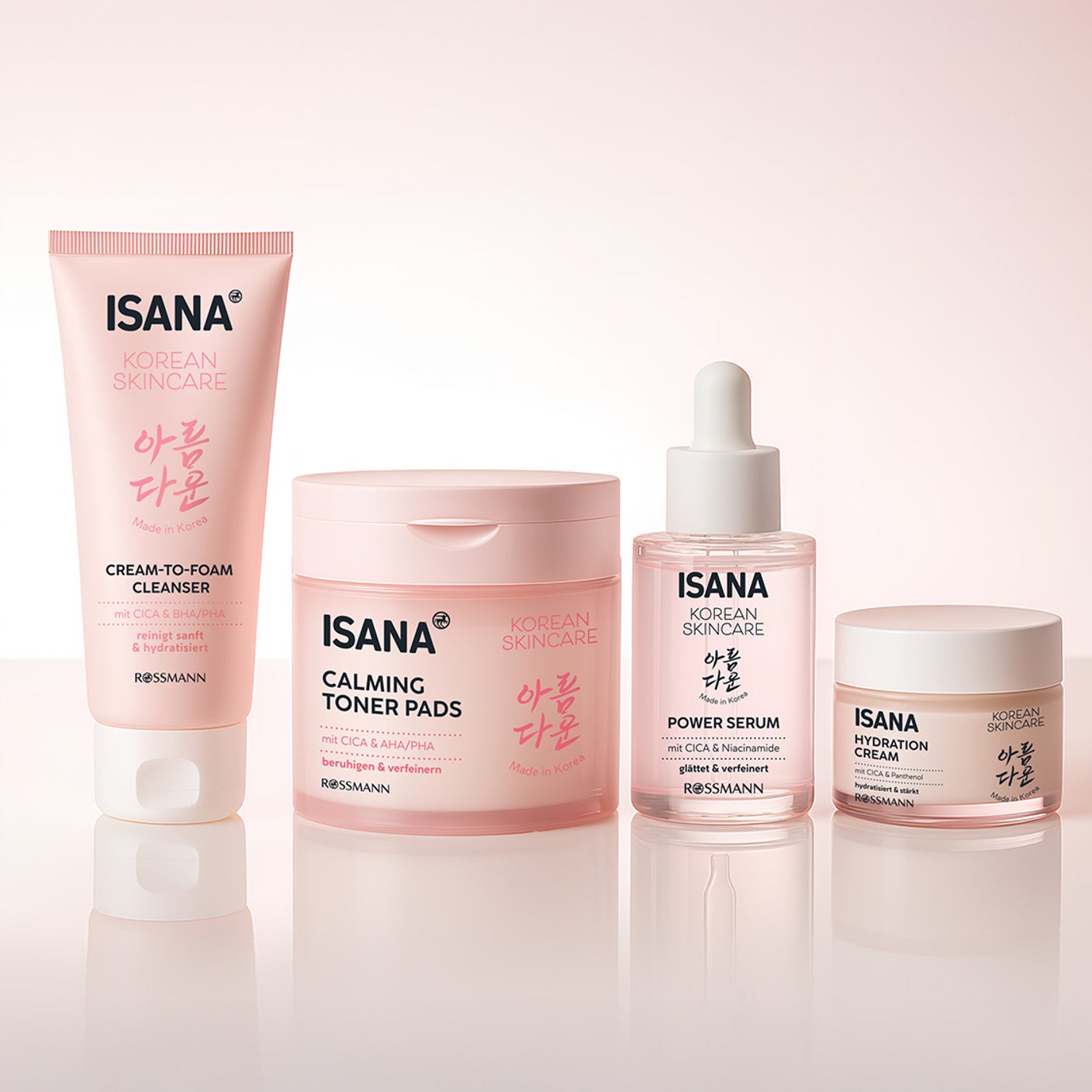 Abgebildet sind Beispielprodukte von ISANA Korean Skincare.