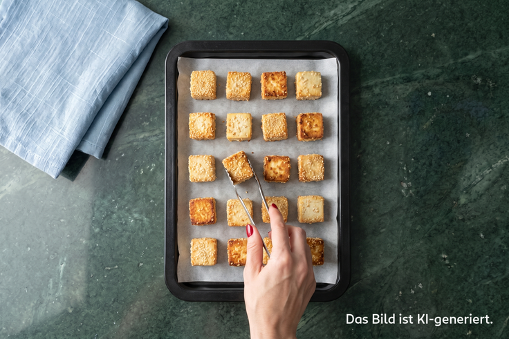 Gebackene Sesam Tofu Nuggets werden auf einem Backblech gewendet.