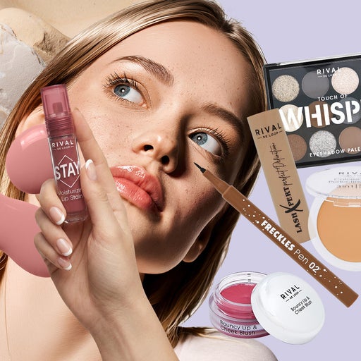Rival de Loop Make-up Produkte mit Whisper Haze Eyeshadow Palette, Lash Artist Eyeliner, 3in1 Concealer Balm, Lip Stain, Lip & Cheek Blush und rosa Beauty-Tool