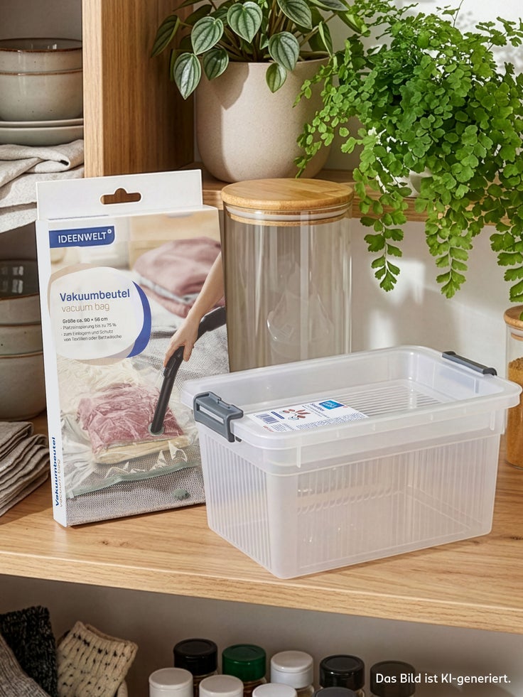 Vakuumbeutel und transparente Aufbewahrungsbox auf einem Holzregal, dekoriert mit Vorratsgläsern, Pflanzen und Haushaltsutensilien.