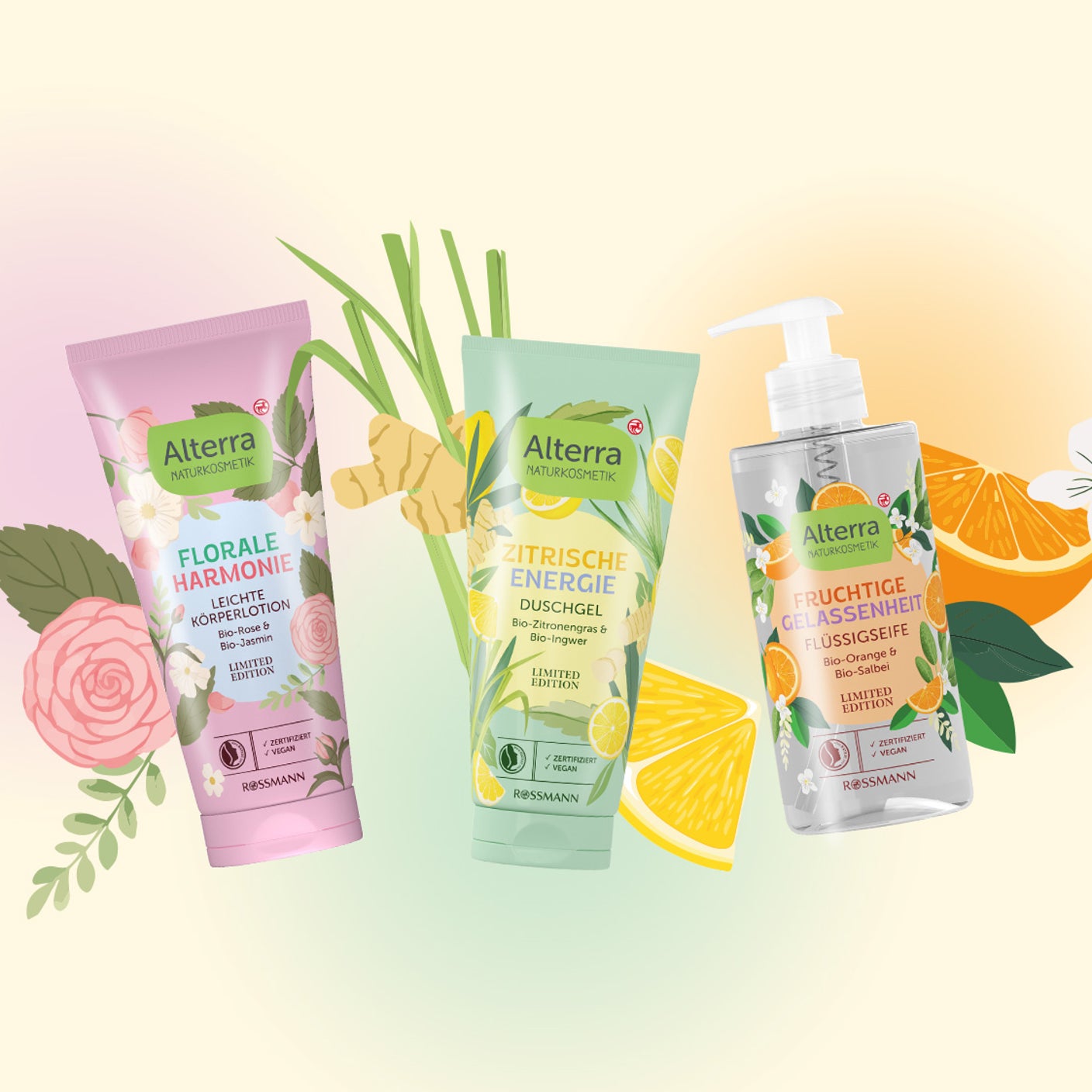 Alterra Naturkosmetik Limited Edition mit Florale Harmonie leichter Körperlotion, Zitrische Energie Duschgel und Fruchtige Gelassenheit Flüssigseife