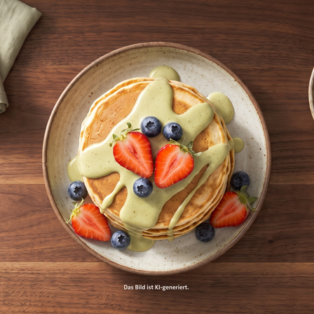 Protein Pancakes mit cremigem Topping, Erdbeeren und Blaubeeren auf einem Teller angerichtet.