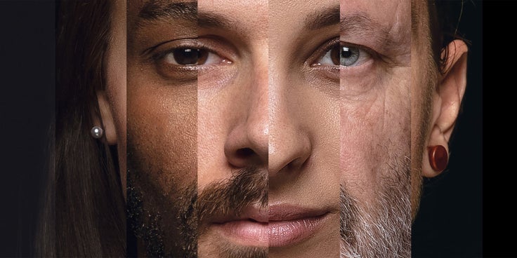 Auf der Grafik sind mehrere Gesichter von verschiedenen Menschen zu sehen, die zusammen die Kontur eines einzigen Gesichtes ergeben 