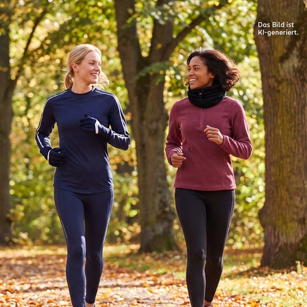 Zwei Frauen joggen durch einen herbstlichen Wald