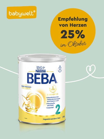 Beispielhaftes BEBA Produkt und der Hinweis im Oktober 25 % zu sparen