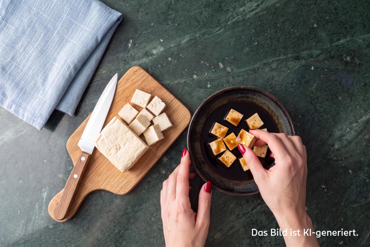 Tofu wird für Sesam Tofu Nuggets in Würfel geschnitten und in einer Schale mariniert.