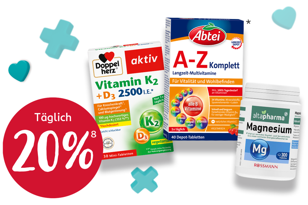 Abgebildet sind Beispielprodukte für die Aktion "20 % auf Vitamin- und Mineralstoff-Produkte"