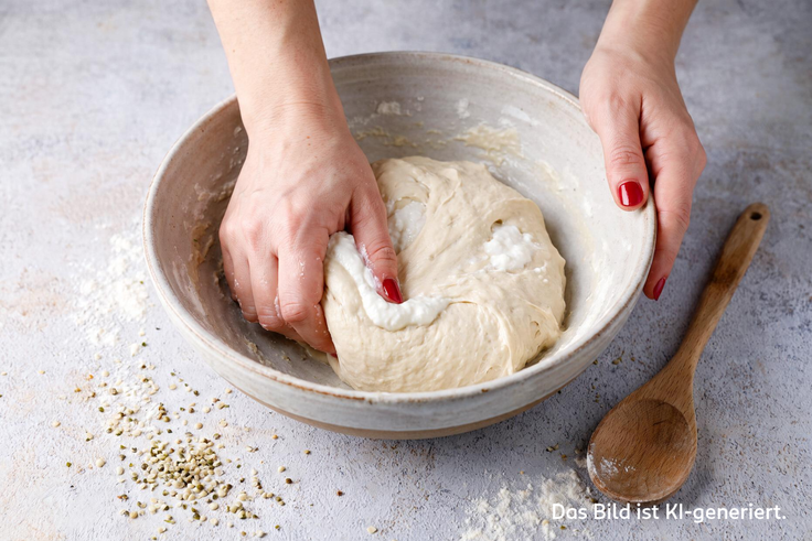 Teig für Protein Bagel mit Hanfsamen wird mit den Händen in einer Schüssel glatt geknetet.