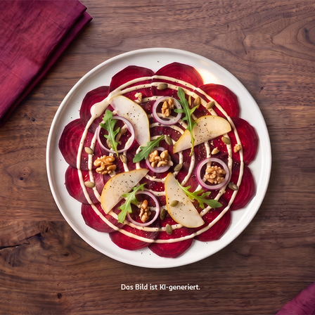 Rote Bete Carpaccio auf einem Teller angerichtet mit Birnenspalten, Walnüssen, roten Zwiebelringen und Kräutern.