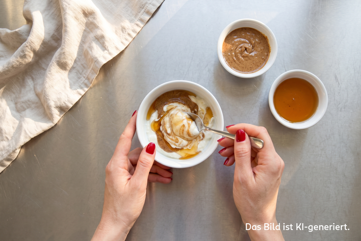 Cremiges Topping mit Nussmus und Agavendicksaft wird für Protein French Toast in einer Schale verrührt, daneben stehen weitere Schalen mit Nussmus und Agavendicksaft auf einer Metallfläche.