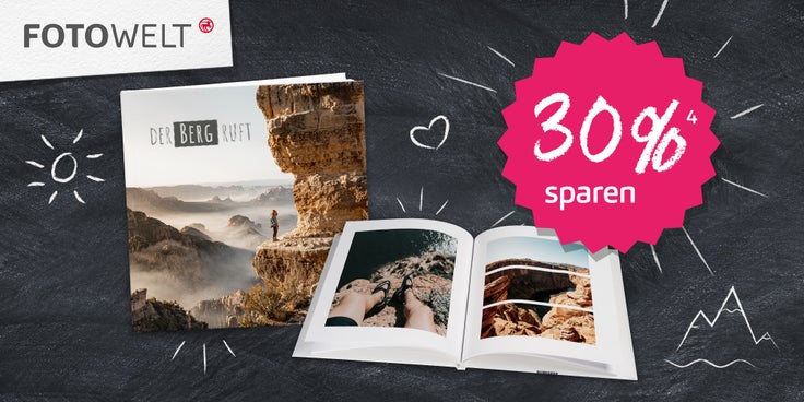 Beispielhaftes gestaltetes Fotobuch mit dem Hinweis 30 % zu sparen