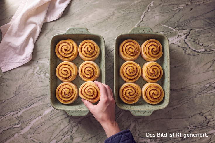 Schritt 4 des Kürbiszimtschnecken-Rezepts: Goldbraun gebackene Zimtschnecken werden in zwei Auflaufformen aus dem Ofen genommen, bereit für den Zuckerguss aus Puderzucker und Zitronensaft.