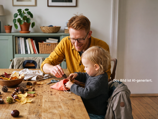 Vater und Kleinkind basteln gemeinsam mit Herbstmaterialien wie Tannenzapfen, Blättern und Kastanien an einem Holztisch im Wohnzimmer