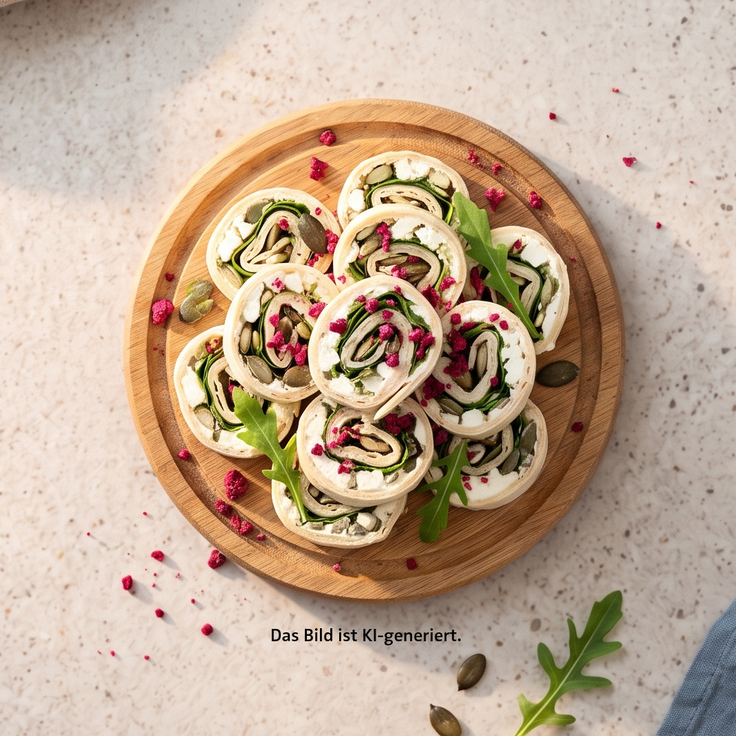 Mini Wraps mit Feta, Rucola und Himbeer-Topping liegen auf einem Holzteller; Hinweis im Bild: Das Bild ist KI-generiert.