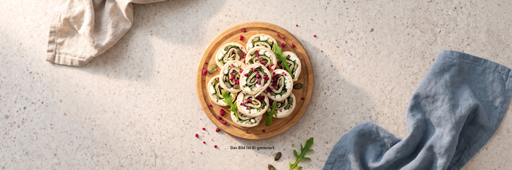 Mini Wraps mit Feta, Rucola und Himbeer-Topping liegen auf einem Holzteller; Hinweis im Bild: Das Bild ist KI-generiert.
