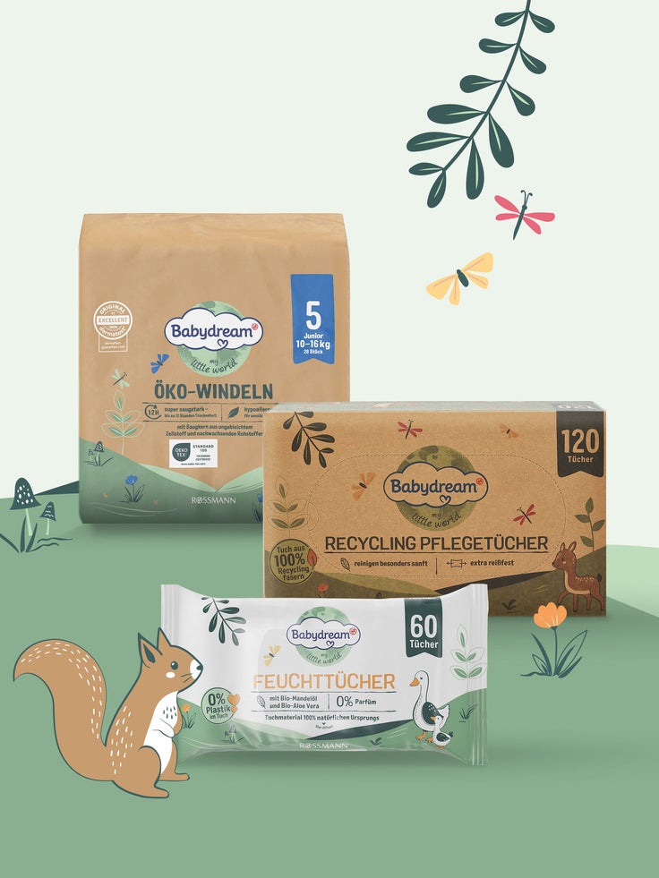 Produkte der Marke Babydream my little world mit niedlichen Zeichnungen von Eichhörnchen und Schmetterlingen