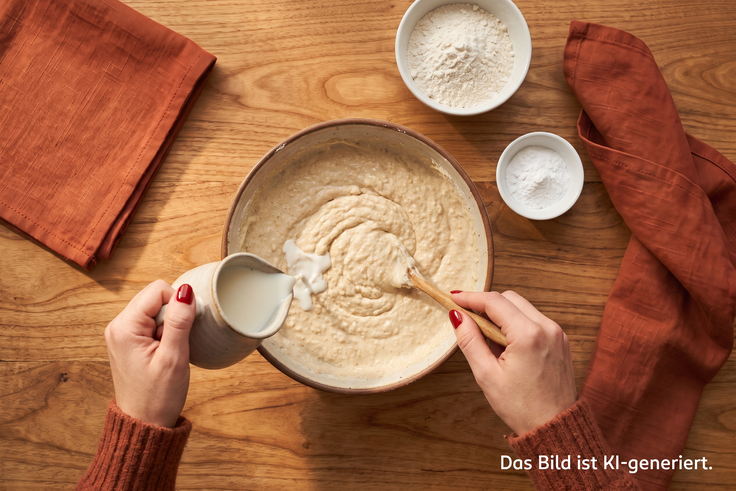Schritt 2 des Kürbiswaffel-Rezepts: Milch wird in eine Schüssel mit dickem Teig aus Mehl, Backpulver, Hefeflocken und Knoblauchgranulat gerührt.