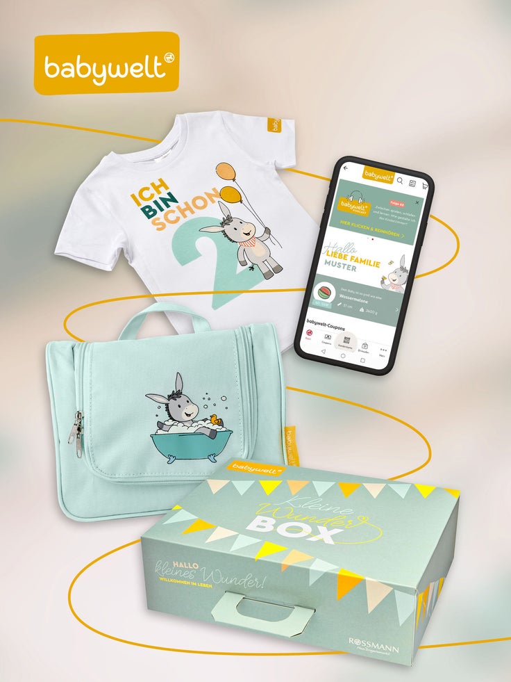 Abgebildet sind die babywelt Club Geschenke wie zum Beispiel die Vorfreude-Tasche. Der Link führt zur Anmeldemöglichkeit des Babywelt Babyclubs von ROSSMANN.