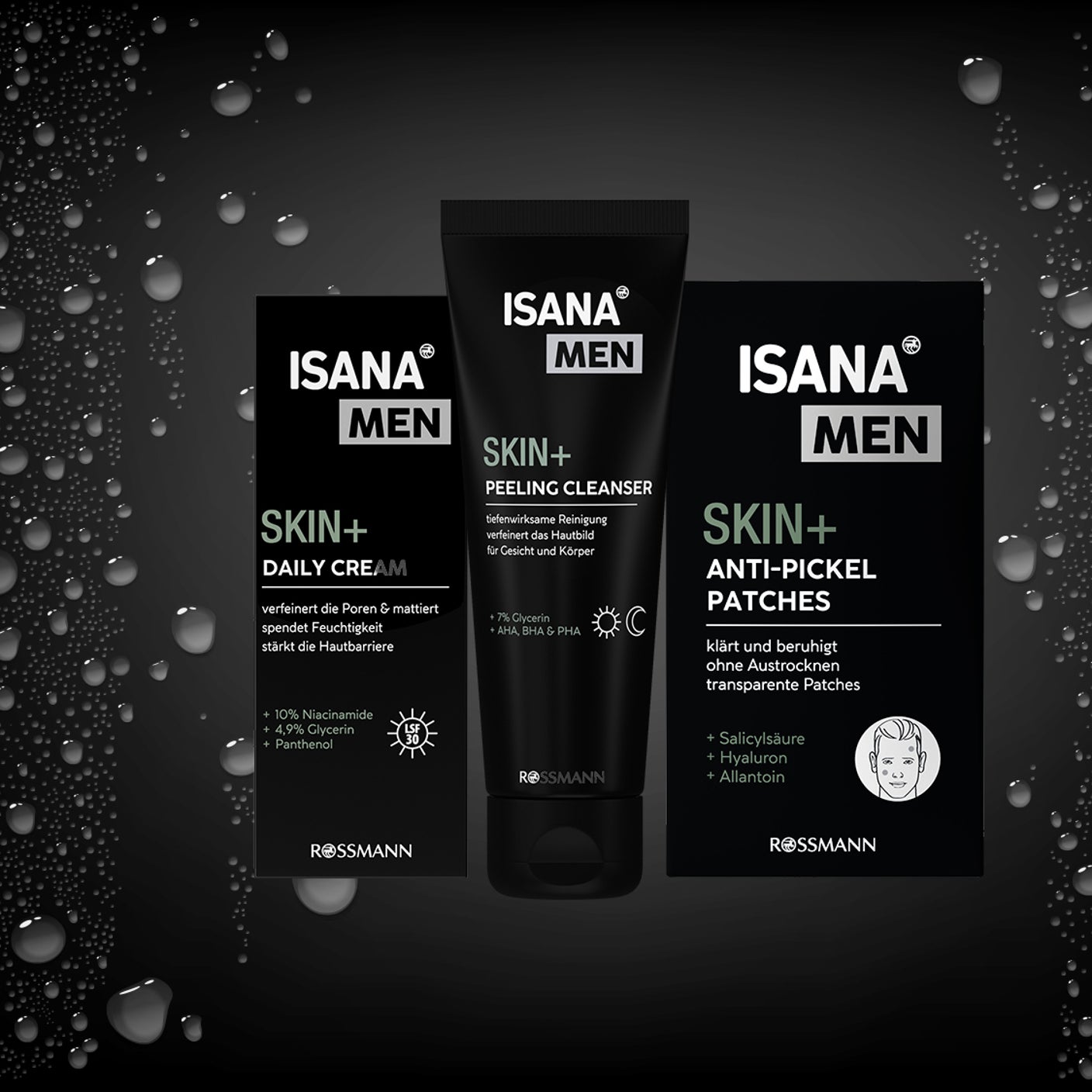 ISANA MEN Skin+ Gesichtspflege mit Daily Cream, Peeling Cleanser und Anti-Pickel Patches vor schwarzem Hintergrund mit Wassertropfen