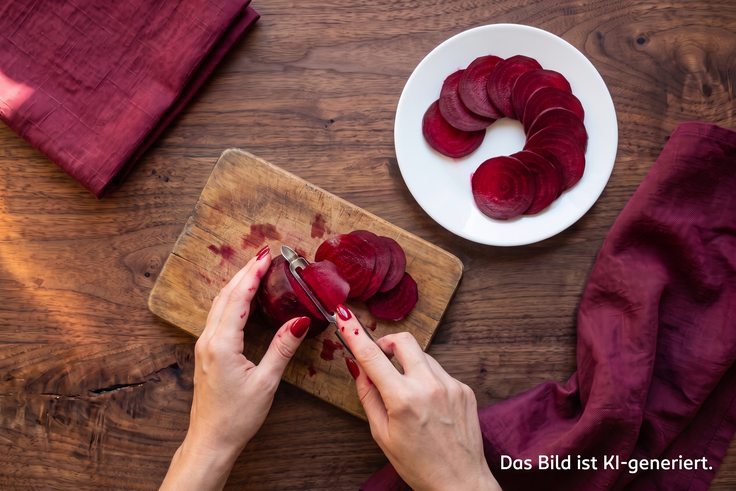 Schritt 1 des Rote-Bete-Carpaccio-Rezepts: Rote Bete wird mit einem Sparschäler hauchdünn gehobelt und kreisförmig auf einem Teller ausgelegt.