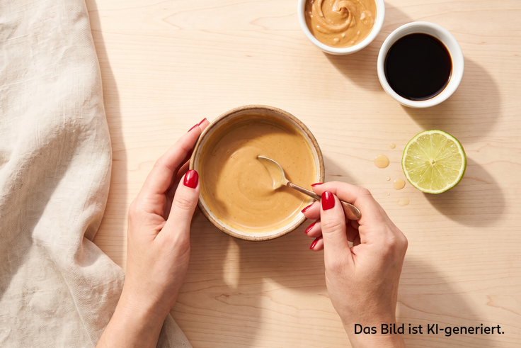 Erdnusssoße für Linsen Tofu Bowl wird in einer Schale mit Sojasauce, Limettensaft und heißem Wasser glatt gerührt.