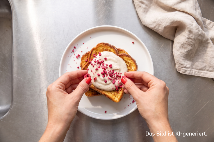 Protein French Toast wird auf einem weißen Teller mit cremigem Topping und Himbeer-Crunch garniert.