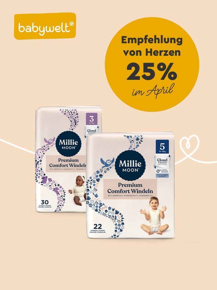 Beispielhafte Millie Moon Produkte und der Hinweis auf 25 %.