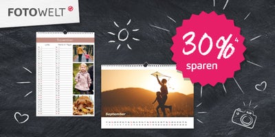 Beispielhaft gestaltetet Wandkalender und der Hinweis 30 % zu sparen