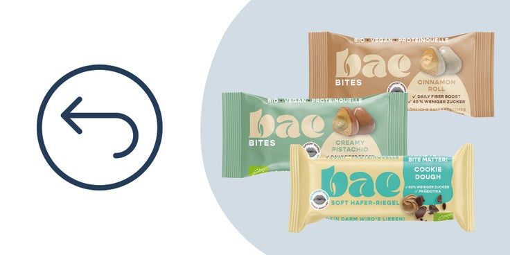 Rückruf Bae Bites - Abgebildet sind die BAE BITES CINNAMON ROLL 2x20G, BAE BITES CREAMY PISTACHIO 2x20G, BAE SOFT HAFERRIEGEL COOKIE DOUGH 40G
