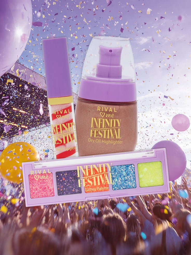 RIVAL loves me Infinity Festival Make-up mit Lipgloss, Dry Oil Highlighter und Glitter Palette vor Festival-Hintergrund mit Konfetti
