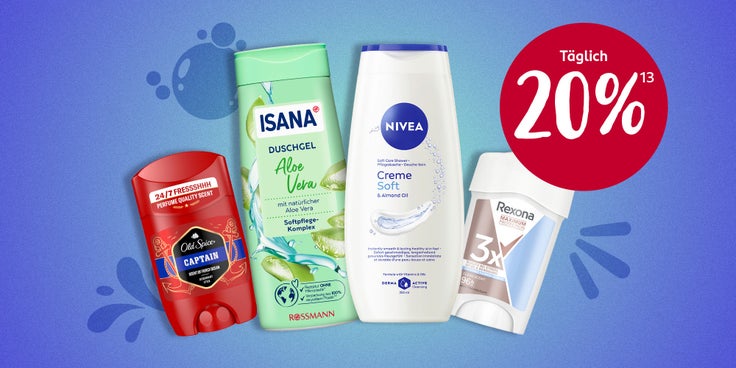 Abgebildet sind Beispielprodukte für die Aktion "Täglich 20 % auf Deos & Duschen"