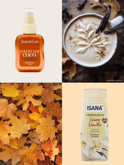 Produkte mit Herbstduft entdecken: Collage aus Jean&Len Haarparfum You're my Coco Vanilla, ISANA Cremedusche Warm Vanilla, Vanille-Cappuccino und Herbstlaub