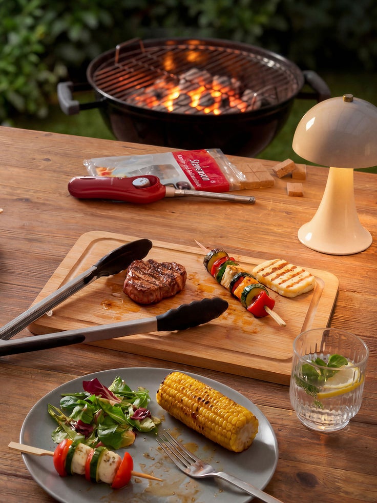 Grillabend mit Steak, Gemüsespießen, Halloumi, Maiskolben, Salat und Flamenco Grillanzünder auf einem Holztisch vor einem Holzkohlegrill