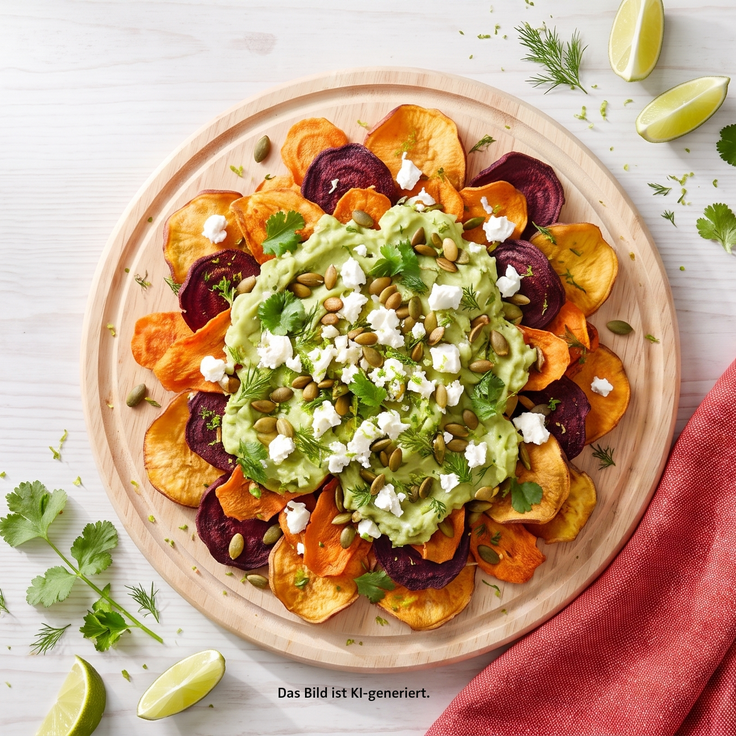 Loaded Gemüse Chips mit Avocado, Feta, Kürbiskernen, Kräutern und Limetten auf einem Holzteller als Rezeptidee.