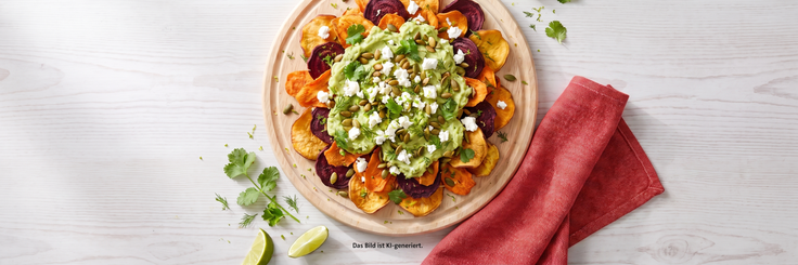 Loaded Gemüse Chips mit Avocado, Feta, Kürbiskernen, Kräutern und Limetten auf einem Holzteller als Rezeptidee.