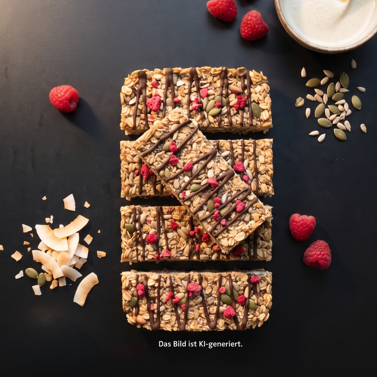 Kokos-Müsliriegel mit Chia-Crunch, Schokoladenstreifen und Himbeerstückchen auf dunklem Untergrund, umgeben von Himbeeren, Kokoschips und Kernen.