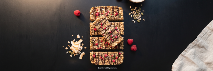 Kokos-Müsliriegel mit Chia-Crunch, Schokoladenstreifen und Himbeerstückchen auf dunklem Untergrund, umgeben von Himbeeren, Kokoschips und Kernen.