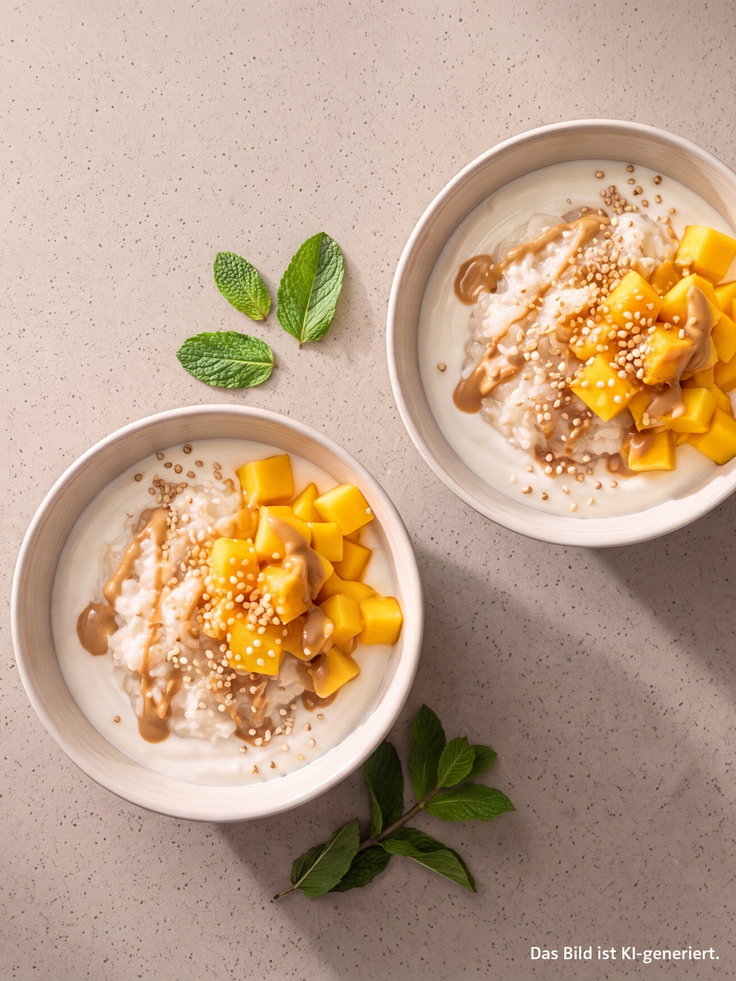 Kokos Mango Sticky Rice mit Mangowürfeln, Kokoscreme, Sesam und Minze in zwei Schalen; Hinweis im Bild: Das Bild ist KI-generiert.