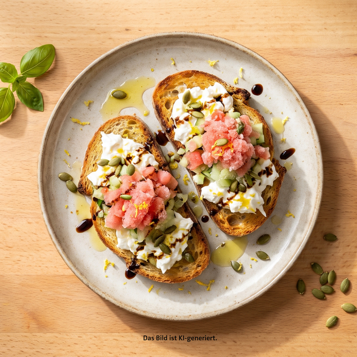 Burrata Sommerbrot mit Melonen-Eis, Gurkenwürfeln, Kürbiskernen, Zitronenabrieb, Olivenöl und Balsamico-Creme auf geröstetem Sauerteigbrot auf einem Holzhintergrund.