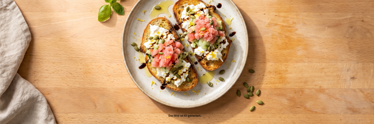 Burrata Sommerbrot mit Melonen-Eis, Gurkenwürfeln, Kürbiskernen, Zitronenabrieb, Olivenöl und Balsamico-Creme auf geröstetem Sauerteigbrot auf einem Holzhintergrund.