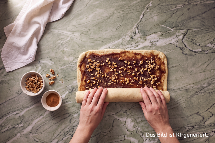 Schritt 3 des Kürbiszimtschnecken-Rezepts: Hefeteig mit Zimt-Zucker-Paste bestrichen und Walnussstückchen bestreut wird von der Längsseite zu einer Rolle aufgerollt.