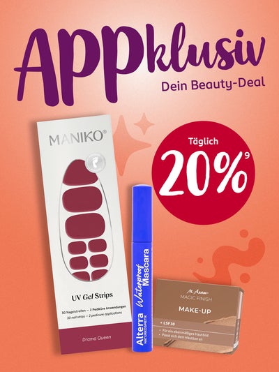 Beispielprodukte von verschiedenen Marken mit dem Hinweis mit der App täglich 20% Rabatt zu erhalten.