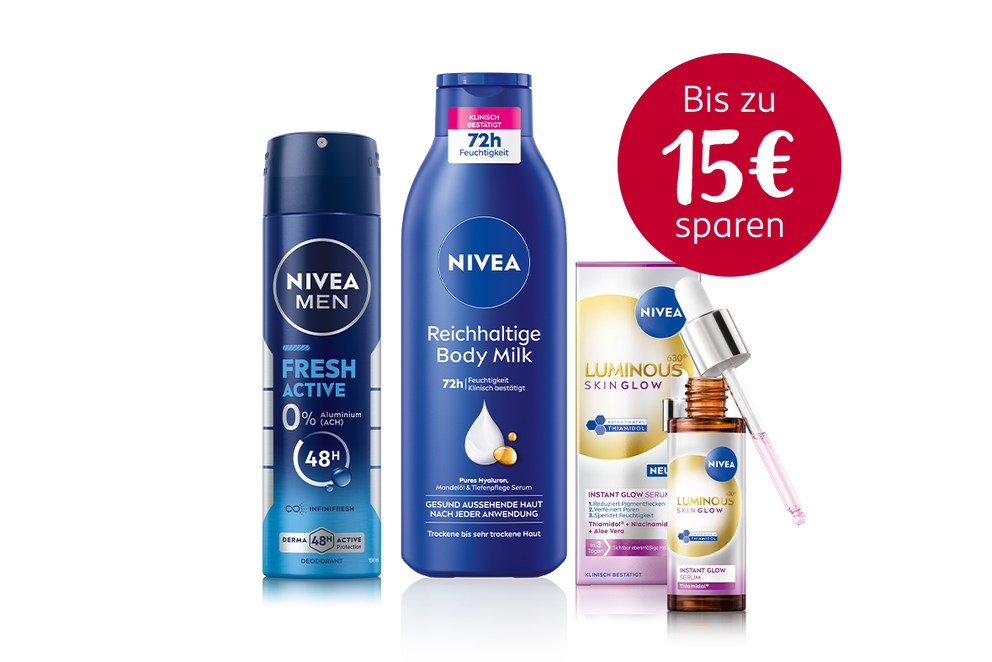 Abgebildet sind Beispielprodukte von Nivea und der Schriftzug "Bis zu 15 € sparen"