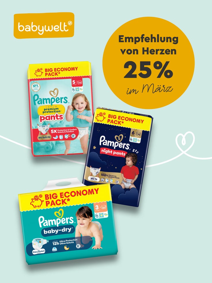 Beispielhafte Pampers Produkte und der Hinweis auf 25 %.
