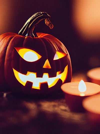 Leuchtender Halloween-Kürbis mit geschnitztem Gesicht neben kleinen Kerzen in warmer, dunkler Atmosphäre.