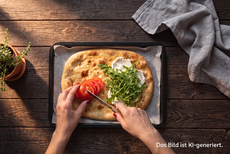 Gebackenes Cottage Cheese Flatbread wird mit Frischkäse, Rucola und frischen Tomatenscheiben belegt.