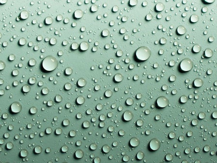 Zahlreiche klare Wassertropfen unterschiedlicher Größe auf einer hellgrün-grauen Oberfläche mit starken Lichtreflexen.