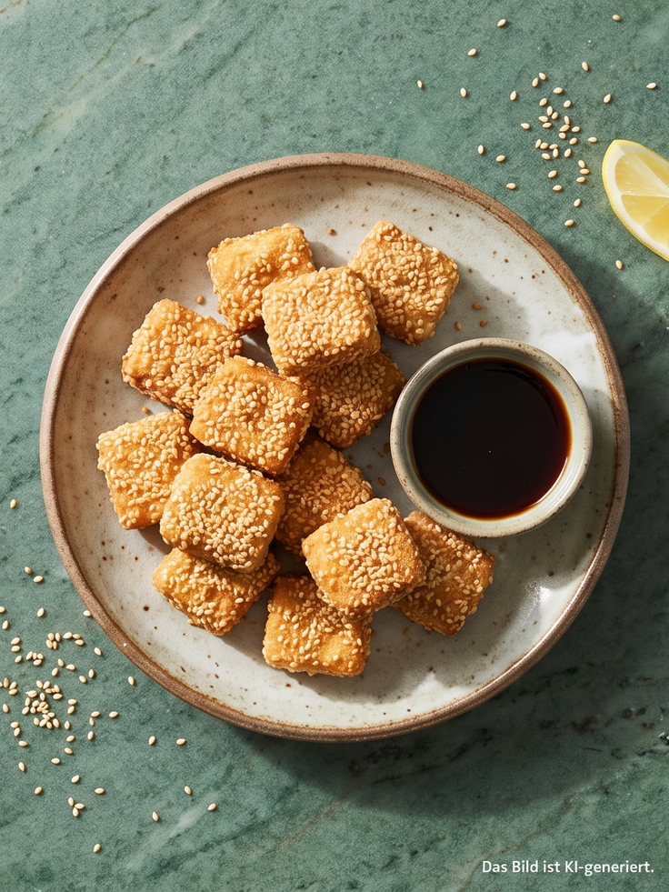 Sesam Tofu Nuggets mit Dip, Limette und Dill auf einem Teller angerichtet.
