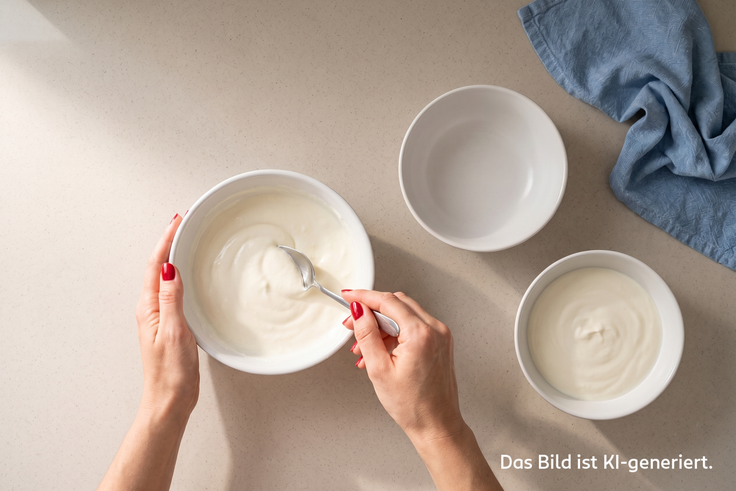 Magerquark wird in einer Schaleglattgerührt und als cremige Basis in weitere Schalen gegeben.